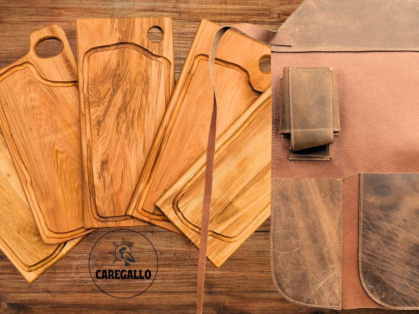 Tablas de asado en madera nativa y pechera de cuero natural Caregallo, hechas a mano en Chile